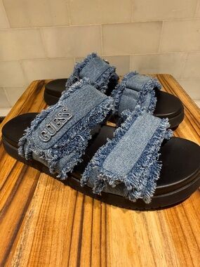 Guess Fabulon Two Strap Sporty Denim Frayed Slides - Blue